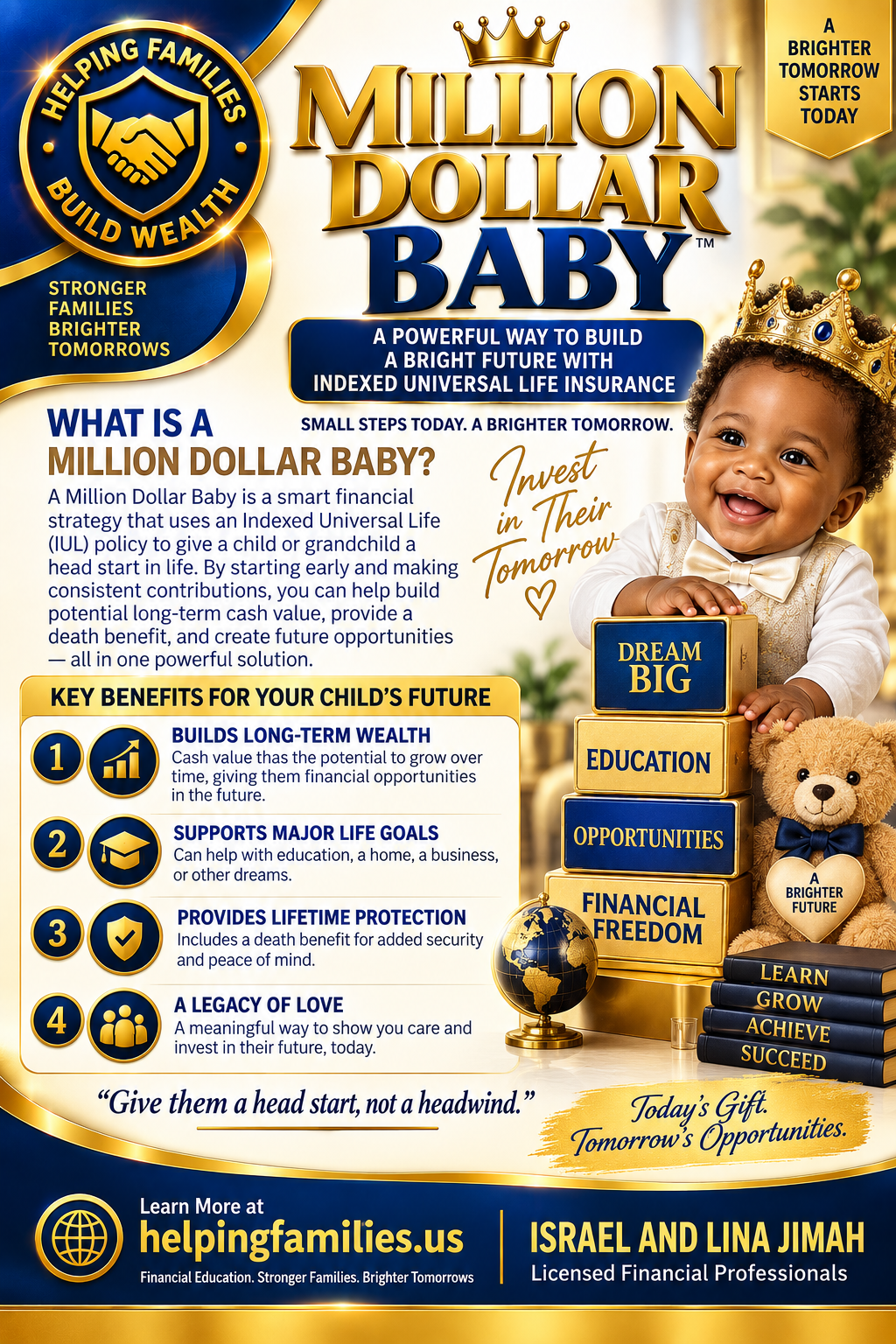 Million Dollar Baby infographic explaining how IUL helps build a child's future wealth